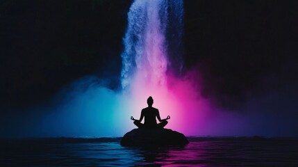 Serene Meditation Silhouette Against Colorful Waterfall Lights at Night with Peaceful Reflections in Calm Waters for Relaxation and Mindfulness Concepts
