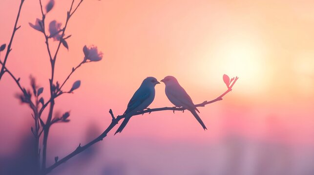 A pair of lovebirds sitting together on a branch their bodies close in a tender embrace symbolizing the harmony and affection between them against a soft pastel colored sky at sunset or twilight