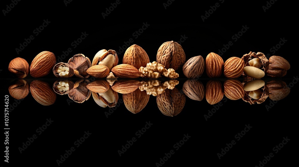 Poster a cluster of nuts arranged on a dark platform with their mirrored image reflected in the water
