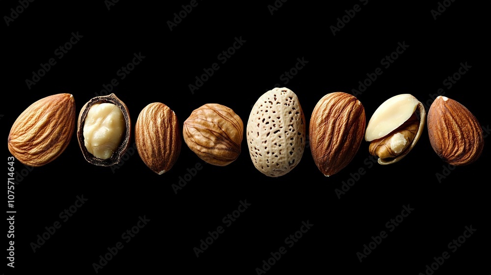Poster a group of nuts arranged in two rows, with one nut positioned at the center of each row