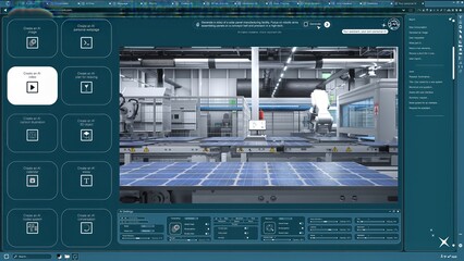 Generative model software producing AI generated video of solar panel factory from text. Artificial...