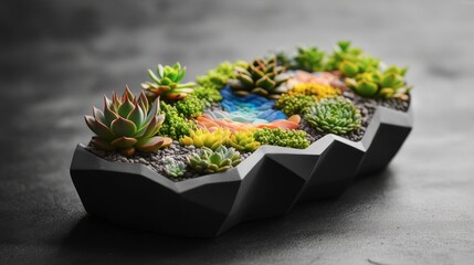 Vibrant Succulent Display in Geometric Planter with Colorful Rocks and Greenery Against a Dark Background for Home Decor Inspiration
