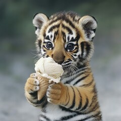 Obraz premium A baby tiger enjoys a scoop of ice cream. AI.