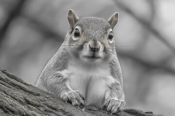 Black And White Front View Portrait Of A Cute Grey Furry Squirrel In A Wildlife Nature Setting