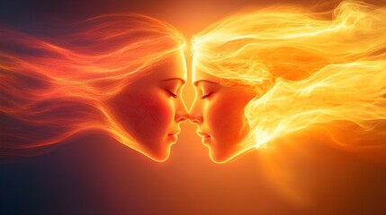 Two faces intertwining in fiery orange hues, glowing with emotional warmth, against a soft, blurred background, highlighting human connection, pop art, orange and yellow tones, neon sketch