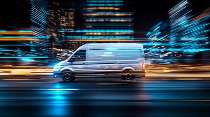 Fototapeta premium Side view of a white van in rapid motion through busy cityscape, blurred lights trailing behind, emphasizing modern urban transport