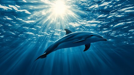 Obraz premium Vibrant dolphin mid-jump, deep blue sea, shimmering sunlight, freedom and energy