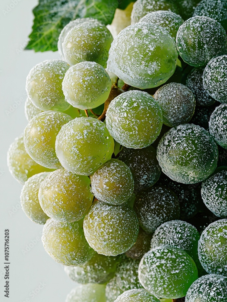 Poster a high-resolution image of a cluster of grapes dusted with powdered sugar set against a stark white 