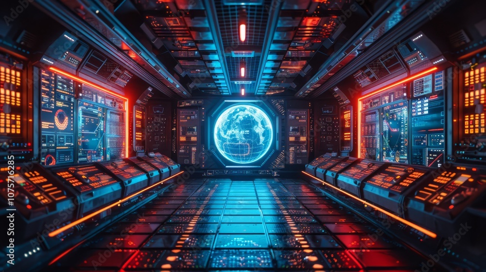 Poster a futuristic spaceship interior with a large circular window showing a view of earth.