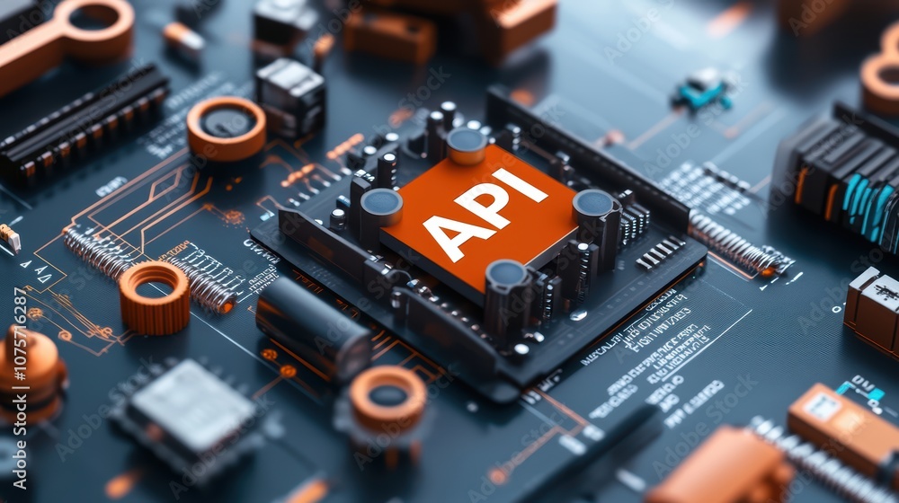 Poster close-up of modern circuit board with api chip highlighting advanced technology and digital innovati