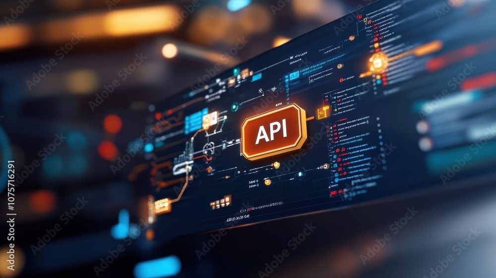 Poster futuristic digital interface with api icon and data streams in a high-tech environment