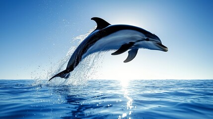 Fototapeta premium Playful dolphin mid-leap, vivid turquoise waves below, sunlight glinting on water droplets, expansive clear sky adding a touch of vastness