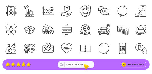 Squad, Luggage belt and Parking line icons for web app. Pack of Speakers, Bitcoin pay, Book pictogram icons. Refresh, Card, Open box signs. Credit card, Teamwork, Qr code. Attention. Vector