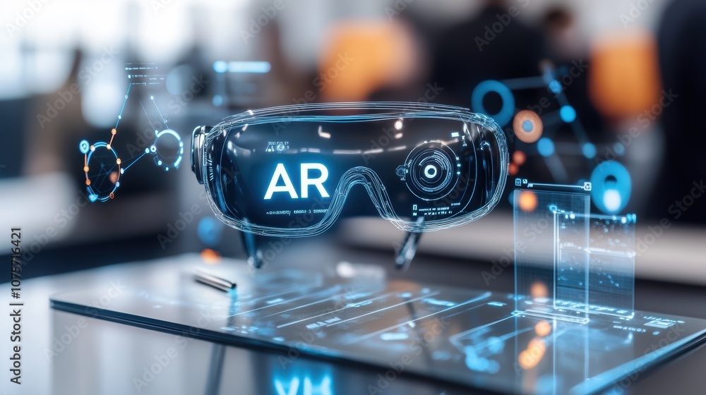 Poster futuristic augmented reality glasses displayed on a high-tech digital interface in a modern tech env