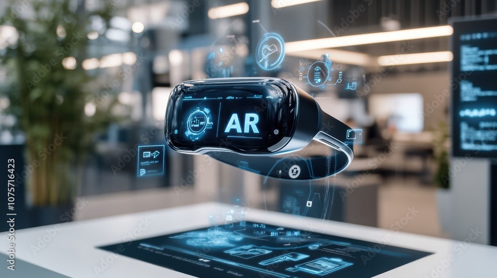 Poster futuristic augmented reality headset displaying interactive holographic interface in modern office e