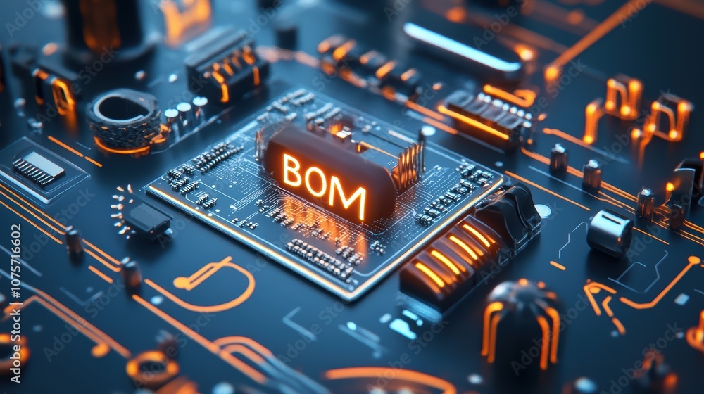 Poster futuristic circuit board with glowing bom chip and neon lights in a high-tech digital environment