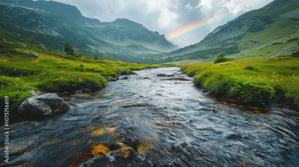 Poster a stream flows through a field with a rainbow in the distance. ai.