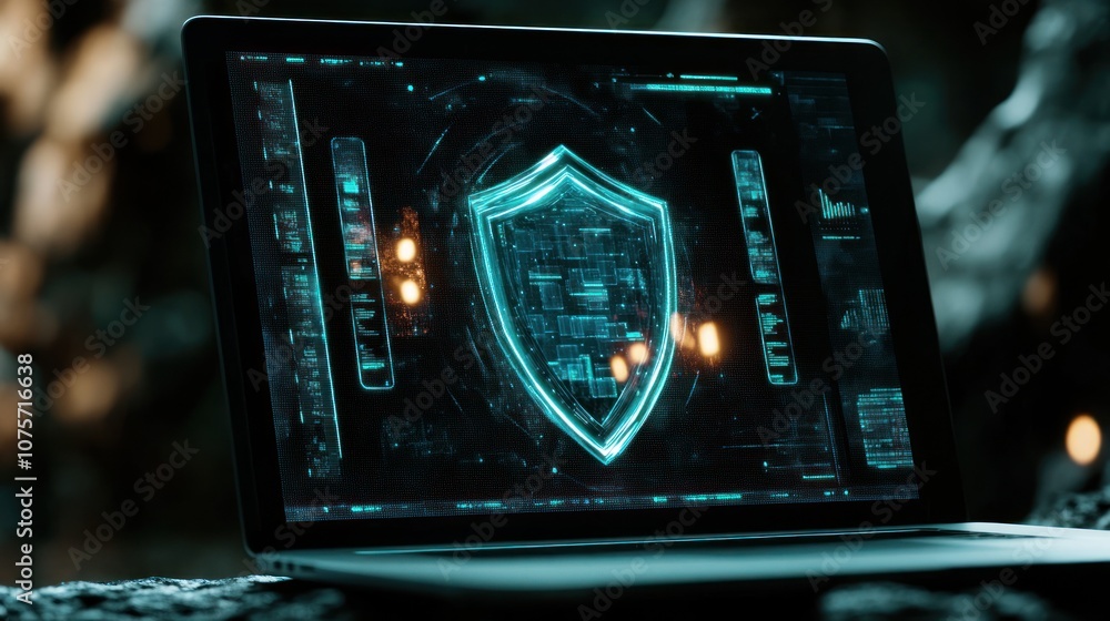 Poster a laptop displaying a digital shield interface, symbolizing cybersecurity and protection.