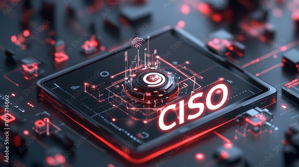 Poster futuristic cybersecurity concept with ciso text on digital interface in red and black high-tech envi