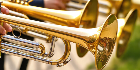 Close-up of brass band instruments, trumpets, during a celebration and street parade, copy space