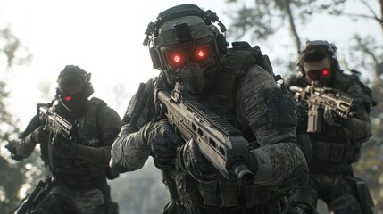 Fototapeta premium A group of soldiers in camouflage gear and helmets with red glowing eyes stand ready to engage in a military operation.