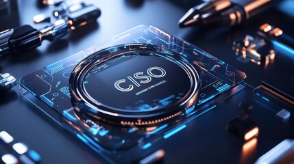 Futuristic Cybersecurity Concept with CISO Text on Digital Interface in High-Tech Environment