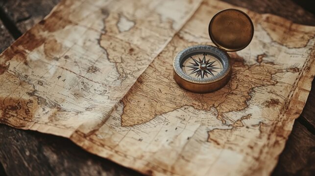 A vintage compass on an ancient map illustrating exploration and navigation