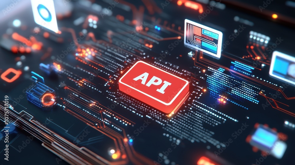 Poster futuristic digital interface with api icon on circuit board representing technology and innovation i