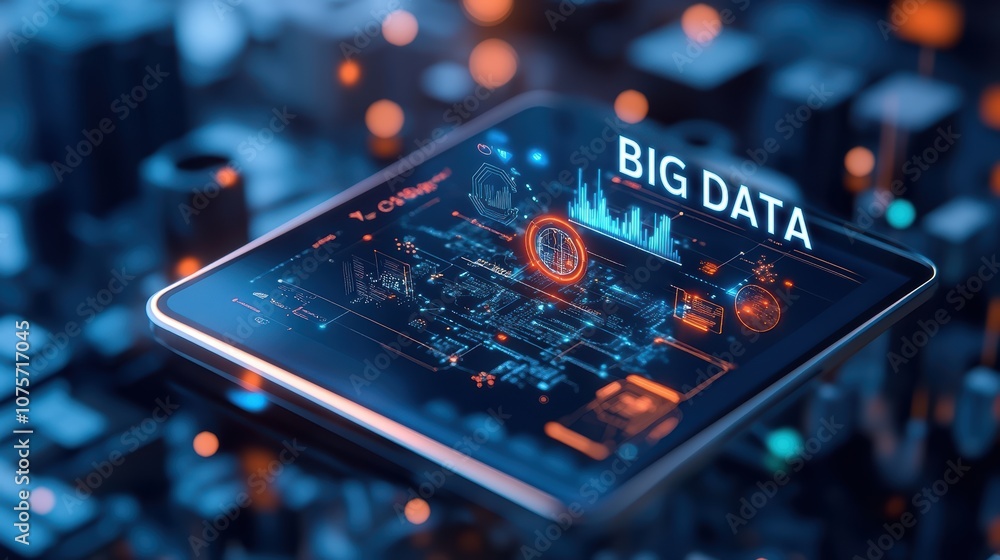 Poster futuristic digital tablet displaying big data analytics in a high-tech environment with glowing inte