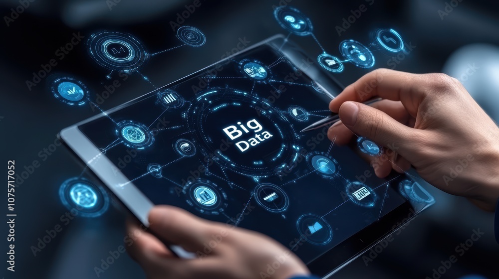 Poster hands interacting with digital tablet displaying big data icons and network connections in a futuris