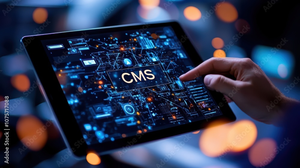 Poster digital content management system on tablet with futuristic interface and blurred lights in backgrou