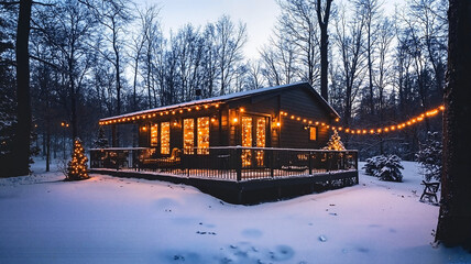 Cozy winter cabin with festive lights in snowy forest