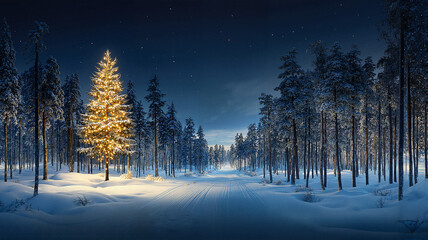 Illuminated Christmas tree in snowy winter forest at night