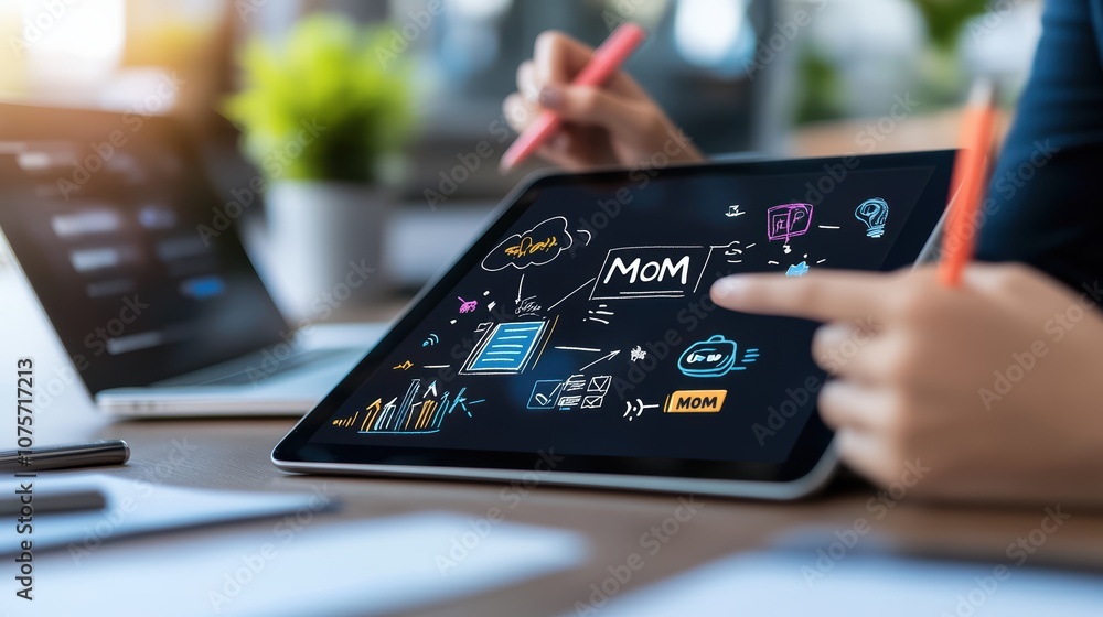 Poster creative workspace with digital tablet and hand-drawn mind map for innovative project planning and b
