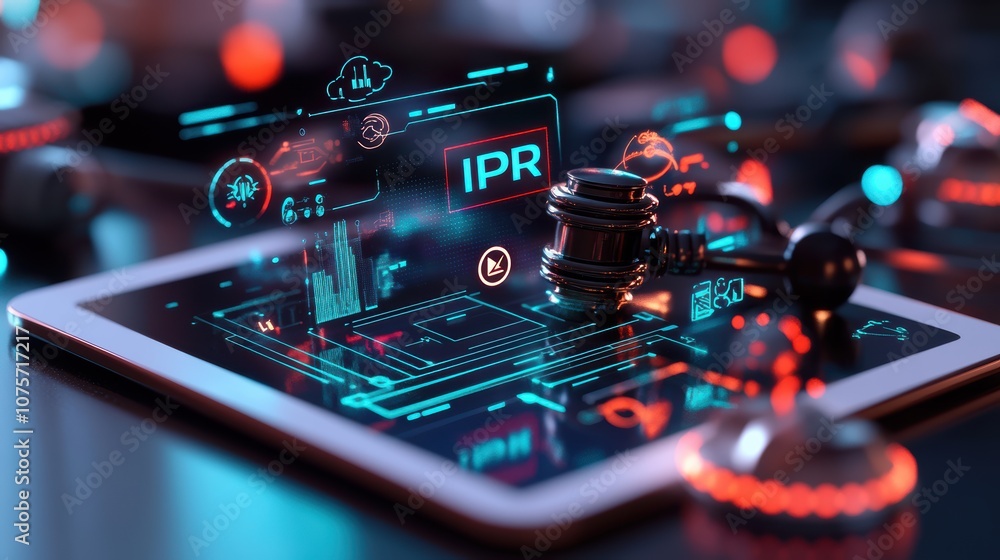Poster futuristic digital interface displaying intellectual property rights with gavel on tablet in neon li