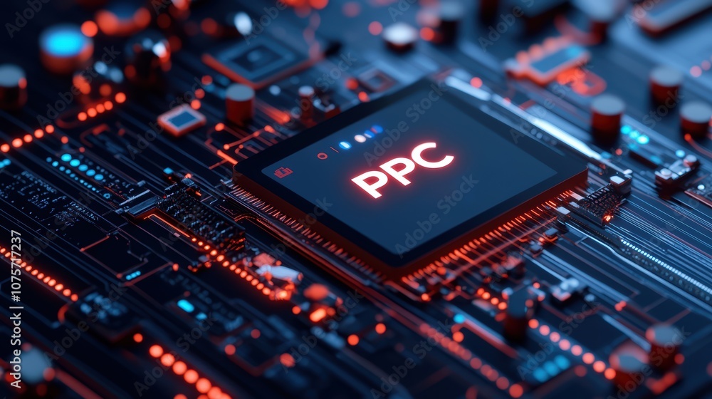 Poster close-up of a ppc microchip on a circuit board with glowing red and blue lights in a futuristic tech