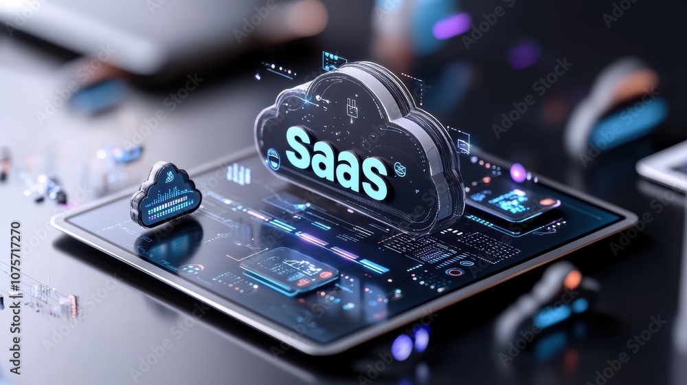 Poster innovative saas cloud technology concept on digital tablet with futuristic interface and data visual