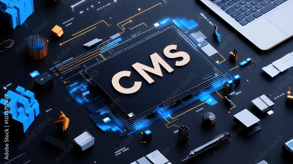 Poster futuristic digital content management system interface with circuit board elements and glowing conne
