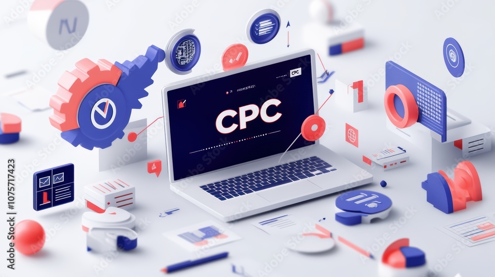 Poster digital marketing concept with laptop displaying cpc surrounded by abstract icons and graphs in a mo
