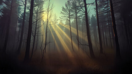 Obraz premium Silent Forest in spring with beautiful bright sun rays