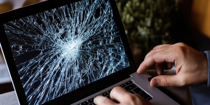 Close-up of hands holding a laptop with a shattered broken screen. Electronics and gadgets repair service