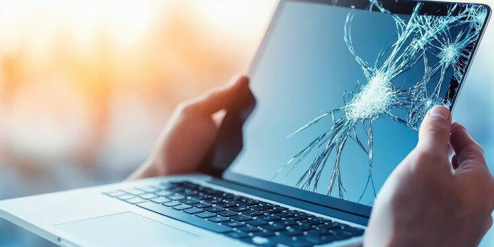Close-up of hands holding a laptop with a shattered broken screen. Electronics and gadgets repair service