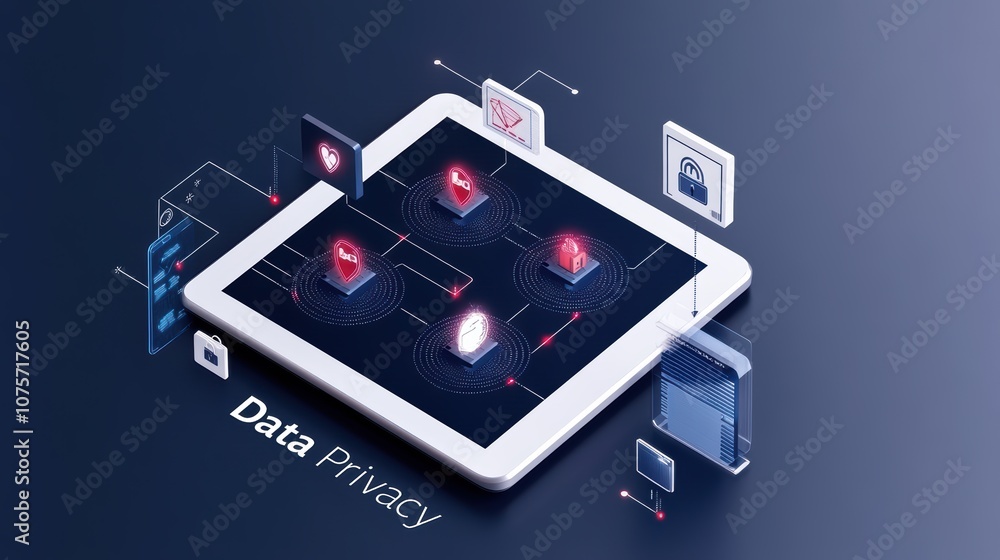 Poster digital tablet displaying data privacy icons with secure connections and network symbols on a dark b