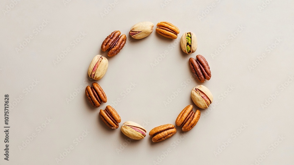 Poster a circle of nuts on a white surface, with one nut centrally positioned and another in the center of 