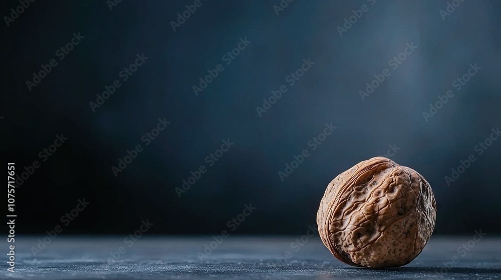 Poster a sharp focus on a walnut on a table with a blurry background and a black backdrop
