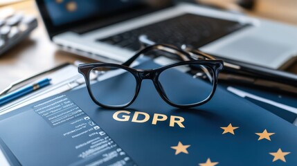 GDPR Compliance Concept with Glasses on Document and Laptop in Office Setting Highlighting Data Protection and Privacy Regulations