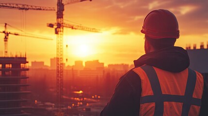 Construction worker watches sunset. The photo depicts a construction worker admiring the sunset on a building site.