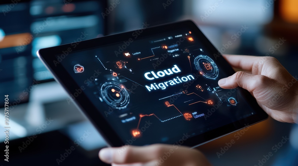 Poster hands holding tablet displaying cloud migration concept with futuristic interface and digital graphi