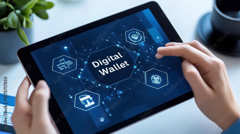 Poster hands holding tablet displaying digital wallet interface with futuristic icons and graphics in a mod
