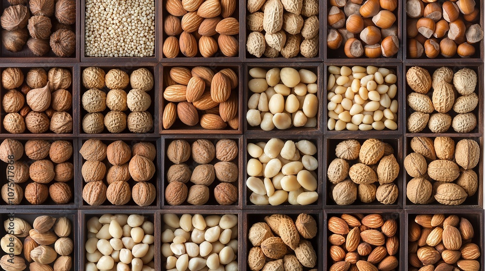 Poster a grid of assorted nuts and shells, featuring almonds and cashews